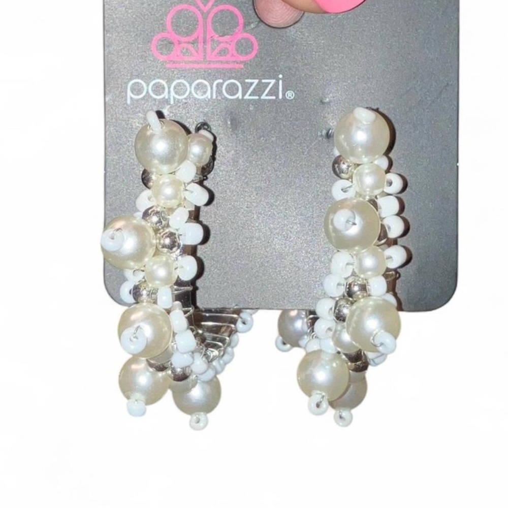 Paparazzi White and Silver Beaded Hoops